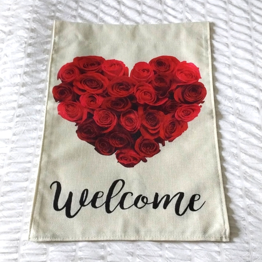Welcome rose heart yard flag